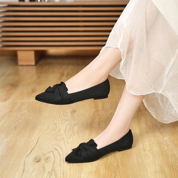 Women's Black Pointed Toe Ballet Flats with Bow Comfortable Knit Dressy Flats - Picture 8 of 8